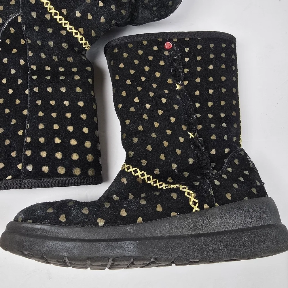 UGG I Heart Girls Black Suede Boots With Gold Hearts/Gold Rope Detail Size 3